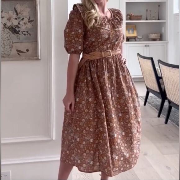 Stockplace The Label Amber Glow Brown Floral Ruffle Puff Sleeve Midi Dress Small - Picture 7 of 15